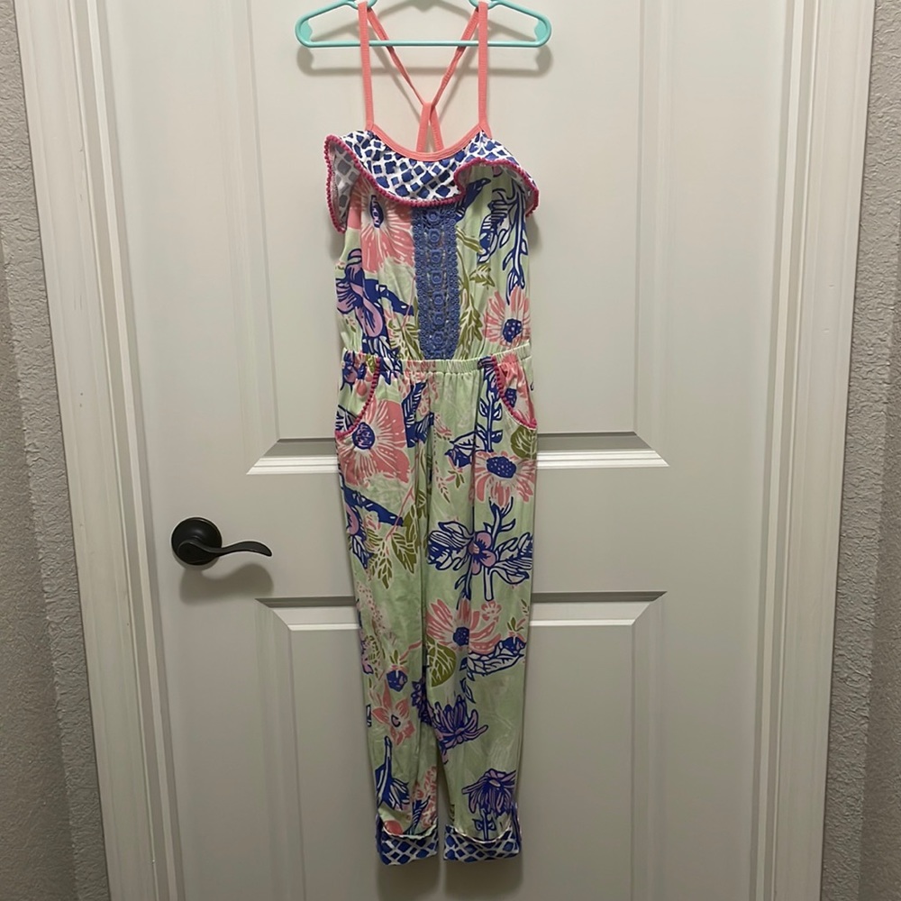 Matilda Jane girls size 6 light green, blue & pink l jumpsuit